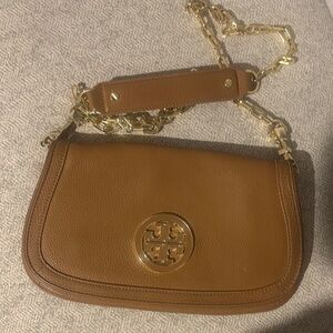 Tory Burch Tan Leather Crossbody Bag with Gold Chain